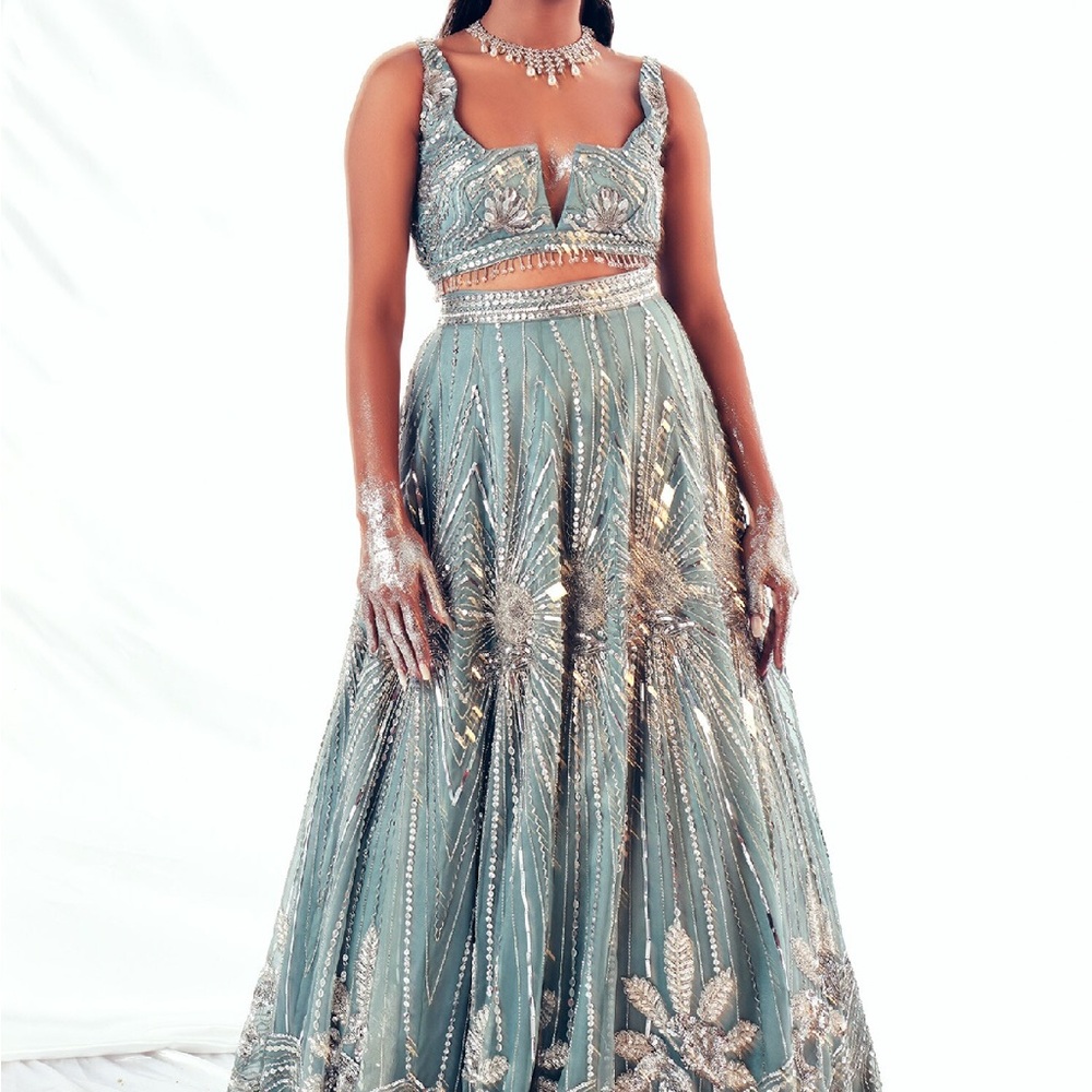 Light blue green lehenga gown with silver beading wedding dress